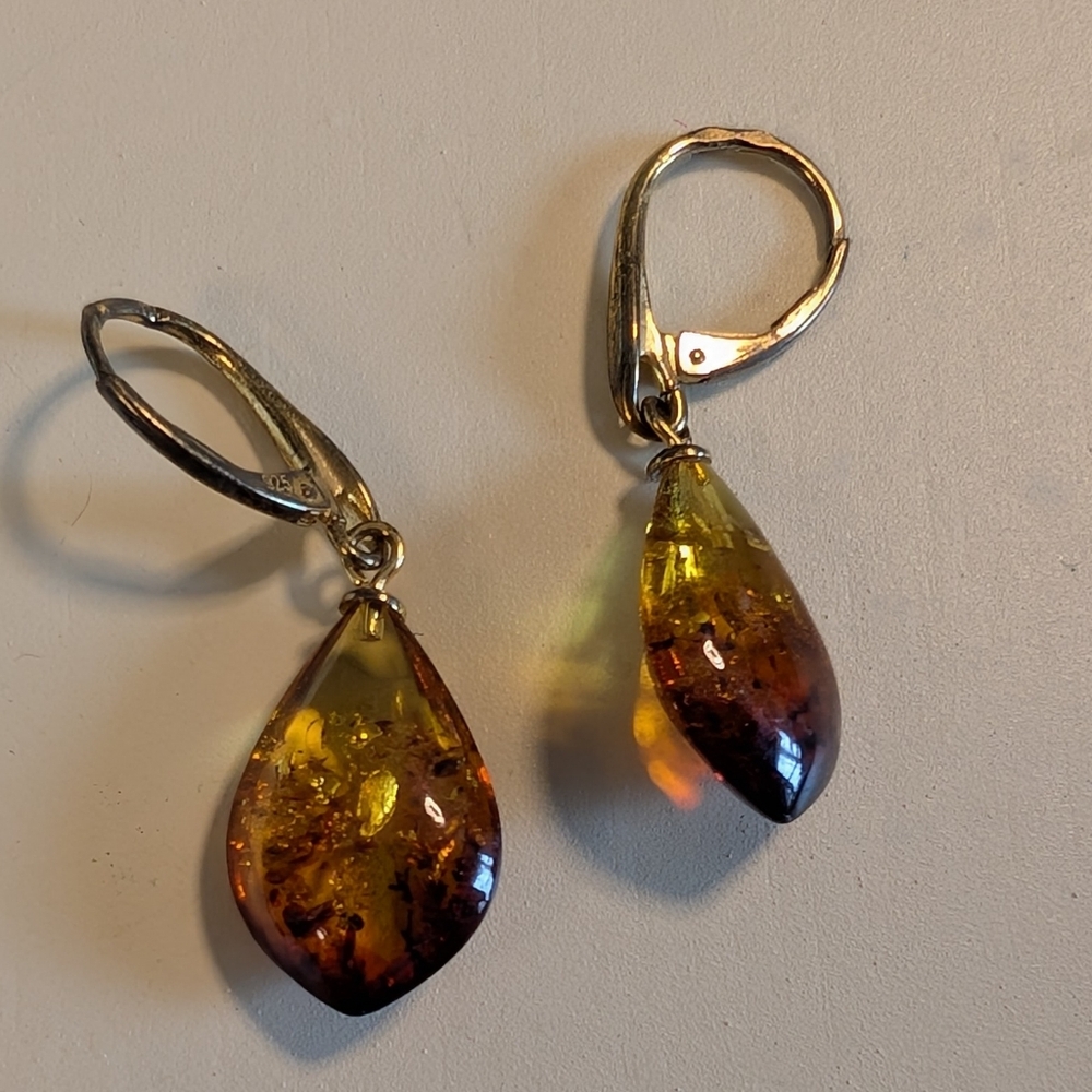 Amber Teardrop Earrings with Silver Hooks